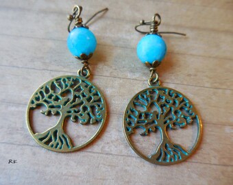 Tree Earrings Tree of life earrings Bronze Dangle Drop Earrings Aqua blue jade earrings Long Bohemian Boho Patina Brass Meditation Feng Shui