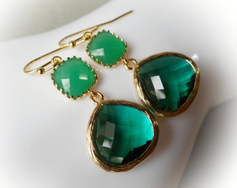 Emerald gold earrings, emerald green dangle earrings, gold plated drop earrings glass earrings bridal earrings gift idea for her women girl