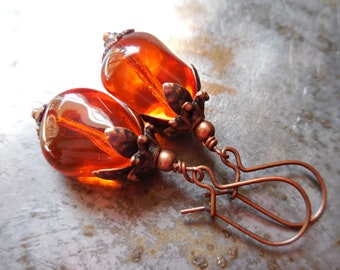 Orange copper boho earrings Pomegranate seed Earrings dangle earrings glass drop earrings squash ginger bohemian Jewelry Gift For women her