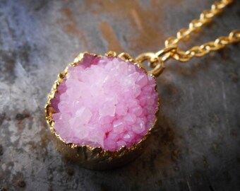 Pink Druzy Necklace, pink rose, carnation pink druzy, baby pink, gold plated gold edged stone pendant charm quartz raw stone drusy crystal