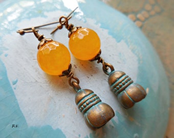 Honey Yellow Jade Earrings Bronze Buddha Bell Dangle drop earrings Patina Brass Buddhism jewelry meditation Zen good fortune yoga Feng Shui