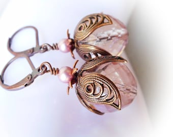 Retro New Vintage Chic copper earrings pink rose glass crystal flower earring leverbacks handmade glass jewelry women's dangle drop earrings