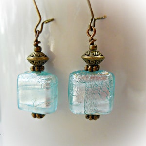 Blue earrings Long light blue glass bead dangle drop earrings Handmade jewelry Ice blue silver foil earrings Antique brass Gift for girls image 8