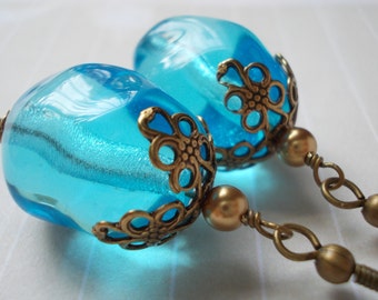 Large Blue Earrings, Caribbean sea ocean blue, glass bead pearl cyan arctic blue, antique brass bronze earrings, drop earrings for women