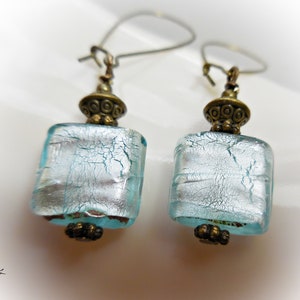 Blue earrings Long light blue glass bead dangle drop earrings Handmade jewelry Ice blue silver foil earrings Antique brass Gift for girls image 1