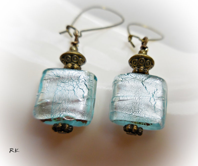 Blue earrings Long light blue glass bead dangle drop earrings Handmade jewelry Ice blue silver foil earrings Antique brass Gift for girls image 1