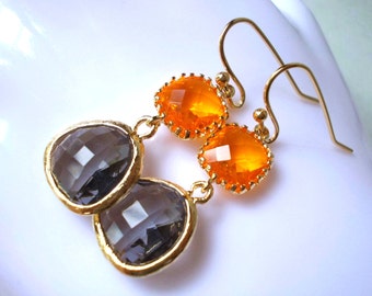 Sun and Charcoal Earrings - long drop earrings in gold - modern sunset orange grey black diamond glass earrings elegant faceted fancy women