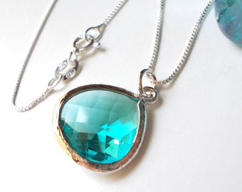 Aquamarine blue silver necklace, aquamarine necklace, glass drop, blue pendant, blue necklace, 925 sterling silver chain dainty topaz charm