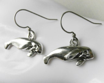 Manatee earrings, silver earrings with manatee, sea cow earrings, manatee jewelry, whale charm, ocean animal, river dolphin, sea life animal