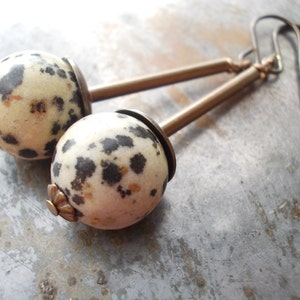 Dalmatian Jasper Earrings natural jasper long dangle organic dalmation jasper Tribal African Style modern Africa brass ethnic rustic jewelry image 3