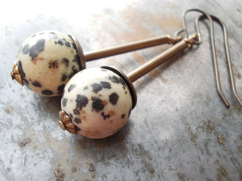 Dalmatian Jasper Earrings natural jasper long dangle organic dalmation jasper Tribal African Style modern Africa brass ethnic rustic jewelry image 3