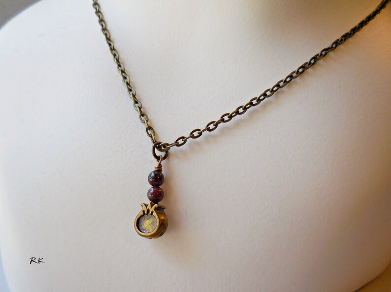 Pomegranate necklace Garnet necklace Pomegranate fruit Bronze brass pendant charm Persephone pomegranate jewel natural raw gemstone crystal image 5
