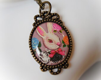 White rabbit necklace, cute bunny jewelry, pink Easter rabbit necklace , antique brass, bronze, vintage style charm pendant gift for girl