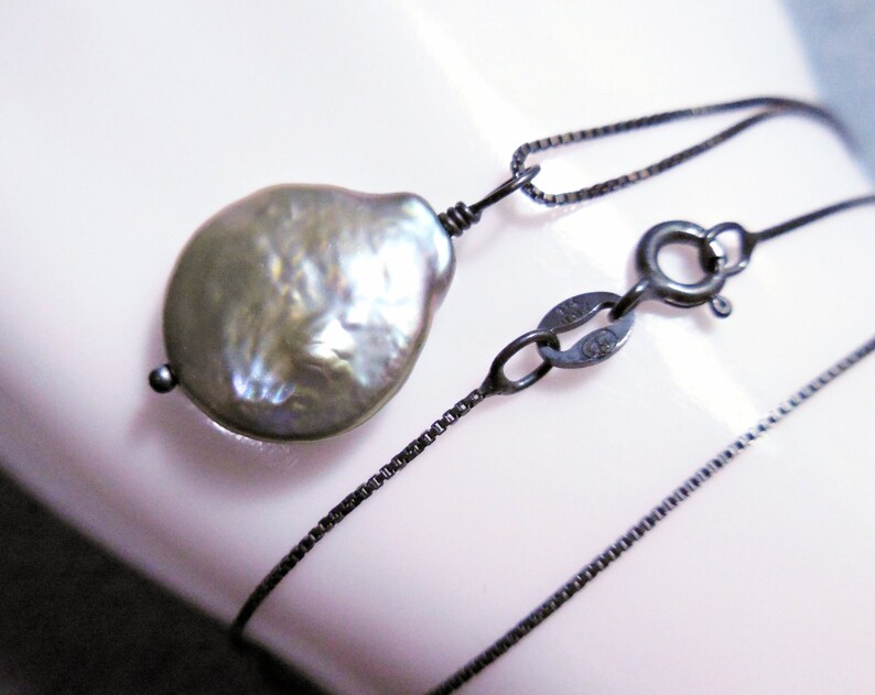 Pearl Necklace Single sterling silver bohemian sage green fresh water coin pendant charm 925 silver chain organic chic shabby choker boho image 5