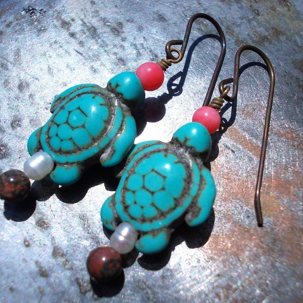 Turtle earrings, sea turtle earrings, turquoise tortoise earrings, leopard skin jasper, coral fresh water pearl brass, ocean organic ethnic