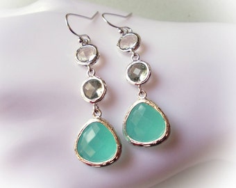 Mint silver earrings long drop earrings aqua grey gray clear dangle earrings modern jewelry seafoam green sea foam blue wedding earrings