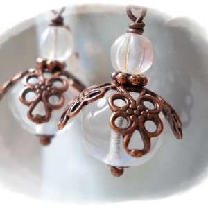 White flower earrings drop dangle earrings for women vintage chic retro style moonstone glass antiqued copper romantic renaissance rosebud image 3