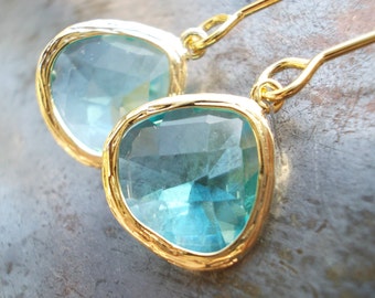 Aquamarine gold earrings dropearrings long glass blue elegant gold plated faceted fancy dangle boho gift idee for women her dangle earrings