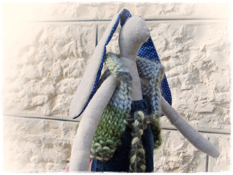 Stuffed Woodland Rabbit cuddling plush primitives toy rag doll Easter bunny recycled jeans wool handmade eco gift art country doll animal