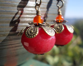 Ruby Jade Earrings Pomegranate Persephone Cherry red jade gemstone bead brass Boho dangle Nature Inspired Jewelry for women woodland wood