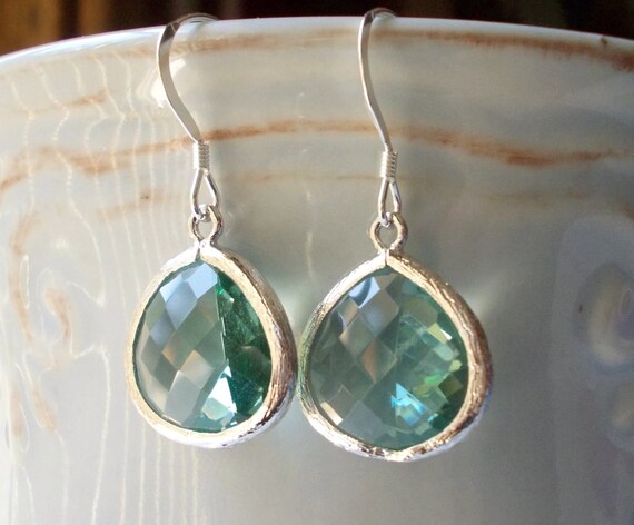 MOLLY Silver Sea Green Faceted Glass Drop Earrings Sea Green Drops Aqua Drop Earrings Silver Erinite Faceted Glass Drops