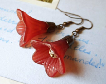 Red Flower earrings maroon red tulips dangle earrings flower drop antique brass bell flower floral vintage style earrings dangle autumn fall