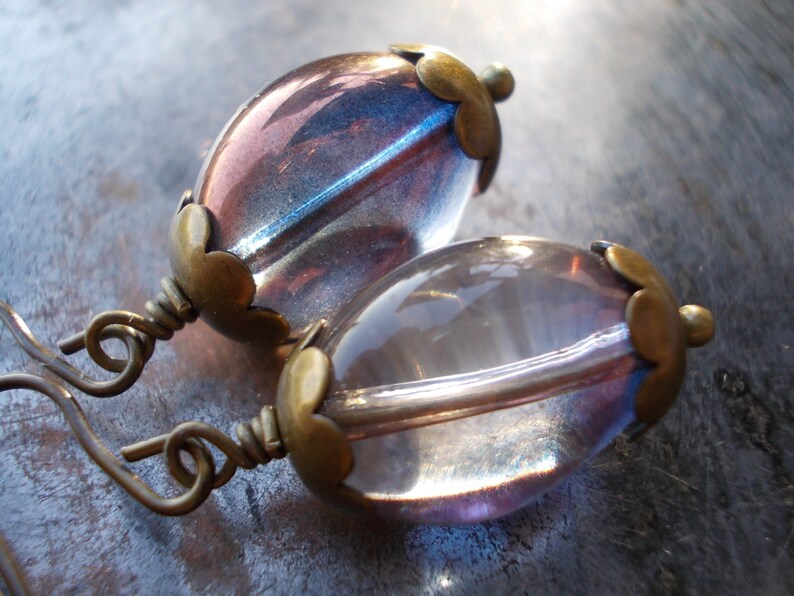 Handmade earrings, Glass dangle earrings, grey gray lavender, long dangling, antiqued vintage chic style bronze brass drop earrings romantic image 1