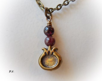 Pomegranate necklace Garnet necklace Pomegranate fruit Bronze brass pendant charm Persephone pomegranate jewel natural raw gemstone crystal