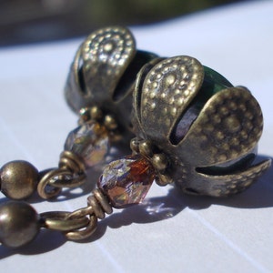 flower earrings, olive green drops, vintage style chic antiqued brass petals berry feminine romantic fruit berry berries, dangle earrings image 5