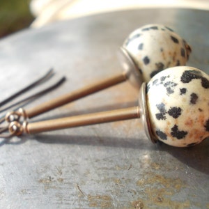 Dalmatian Jasper Earrings natural jasper long dangle organic dalmation jasper Tribal African Style modern Africa brass ethnic rustic jewelry image 1