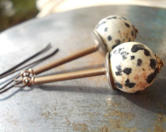 Dalmatian Jasper Earrings natural jasper long dangle organic dalmation jasper Tribal African Style modern Africa brass ethnic rustic jewelry