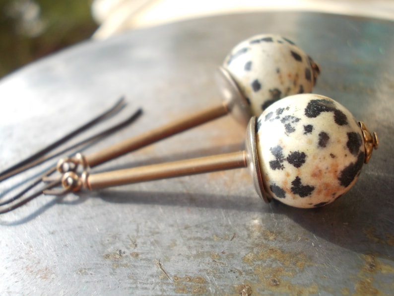 Dalmatian Jasper Earrings natural jasper long dangle organic dalmation jasper Tribal African Style modern Africa brass ethnic rustic jewelry image 1