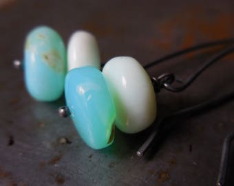Peruvian Opal Earrings, 925 sterling silver, natural blue opal, dangle earrings, bohemian style, stone jewels, Peru opal, oxidized handmade