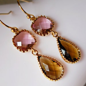 Smokey Quartz Glass Earrings gold plated drop earrings pink brown red bean jewels for women christmas gift autumn fall fashion jewelry image 4