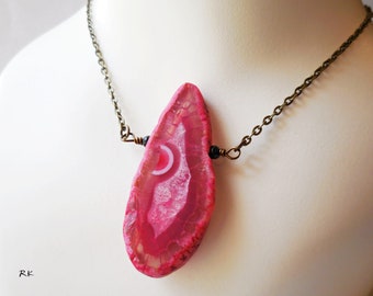 Pink Stone Necklace Crystal Agate Slice Necklace pink gemstone pendant crystal agate large rustic necklace gift for men women brass chain