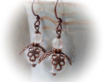 White flower earrings drop dangle earrings for women vintage chic retro style moonstone glass antiqued copper romantic renaissance rosebud