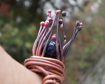 Lapis Lazuli gemstone ring copper wirewrapped nest rose patina forged rustic cold connect metal art primitive Nature Inspired engagement
