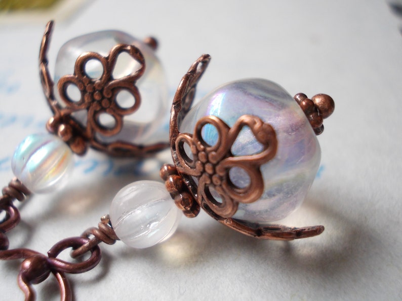 White flower earrings drop dangle earrings for women vintage chic retro style moonstone glass antiqued copper romantic renaissance rosebud image 4