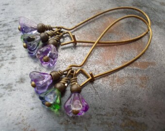 Purple Green Flower Earrings long dangle earrings for women handmade jewelry fairy faerie purple flower drop earrings antiqued brass bronze