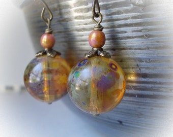Amber Glass earrings Glass Bead jewelry handmade earrings ancient Roman finish bronze brass large glass drops gift honey rustic umber modern