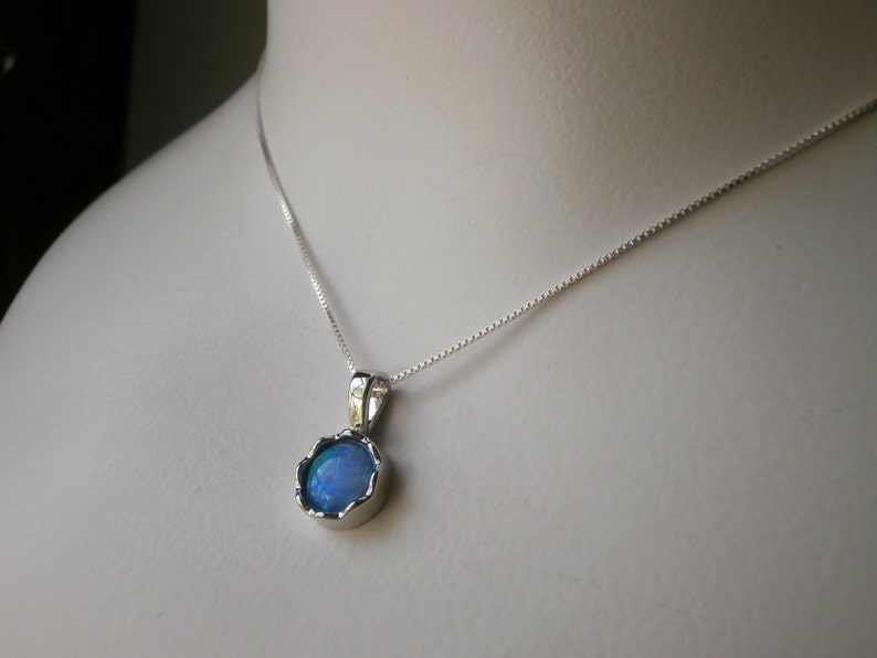 Blue Opal Necklace, created blue fire opal, charm necklace, 925 sterling silver, jewelry for women, pendant necklace, simple modern minimal image 4