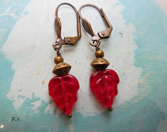 Red Earrings Red Czech glass leaf earrings Dangle drop earrings Small dainty earrings Beaded jewelry Ruby red Gift for women Antique brass