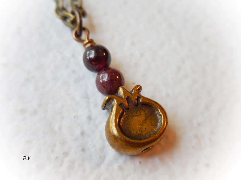 Pomegranate necklace Garnet necklace Pomegranate fruit Bronze brass pendant charm Persephone pomegranate jewel natural raw gemstone crystal image 10