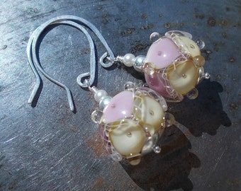 Unique Sterling silver Earrings handmade jewelry dangle earrings rose pink lavender ivory artisan lampwork glass beaded boho chic romantic