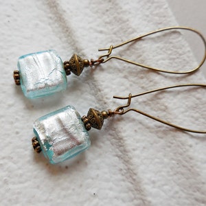 Blue earrings Long light blue glass bead dangle drop earrings Handmade jewelry Ice blue silver foil earrings Antique brass Gift for girls image 2