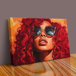 Black Woman Portrait, Black Woman in Sunglasses with Curly Red Hair, Canvas Art Print, Canvas Art Portrait