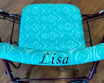 Personalized Rollator Walker Seat & Back Bar Cover Set, 10 Assorted Fabrics, 12 x 12 seat, 4" or 6" back roller bar cover, walker accessory.