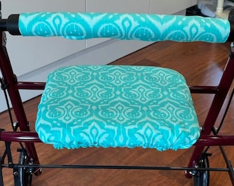 Rollator Walker Seat and Back Bar Cover Set, 10 Assorted Fabrics, 12 x 12 seat, 4" or 6" back roller bar cover, walker accessory.