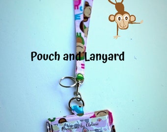 Special Sale Lanyard AND Pouch Matching Set, Pink Monkey, Horizontal Pouch with Back Pocket w/extra clear plastic vertical pouch