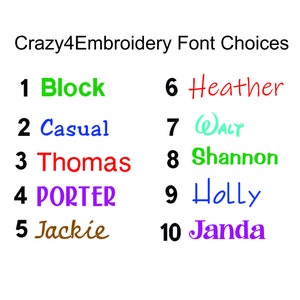 Puede incluir: Una lista de opciones de fuentes de bordado con los n&uacute;meros del 1 al 10 y los nombres de fuente correspondientes: Block, Casual, Thomas, PORTER, Jackie, Heather, WALT, Shannon, Holly y Janda.